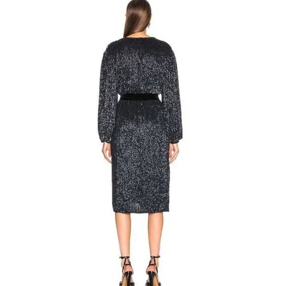 Retrofete Audrey Robe Dress Shiny Black Blue Sequins Wrap Style Midi Dress - Picture 2 of 16